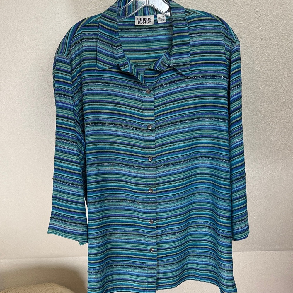 CHICO'S DESIGN 100% Silk Blouse with Bead decorations  Size 3